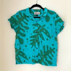 Patagonia Pataloha Button Front Shirt Womens 12 Large Blue Green Monstera Leaves